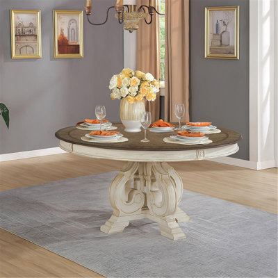 Table de salle à manger ronde à piédestal traditionnel au fini blanc antique
