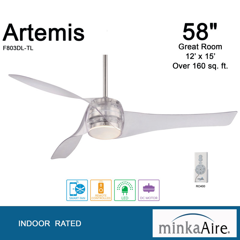 58" Artemis 3 Blade LED Smart Ceiling Fan with Remote, Lighting Kit Included, Translucent
