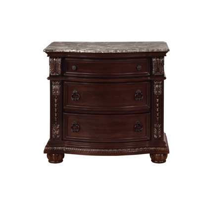1Pc Traditional Style End Table 3-Drawer Nightstand with Marble Top Rich Brown Cherry Finish Solid Wood Wooden Bedroom
