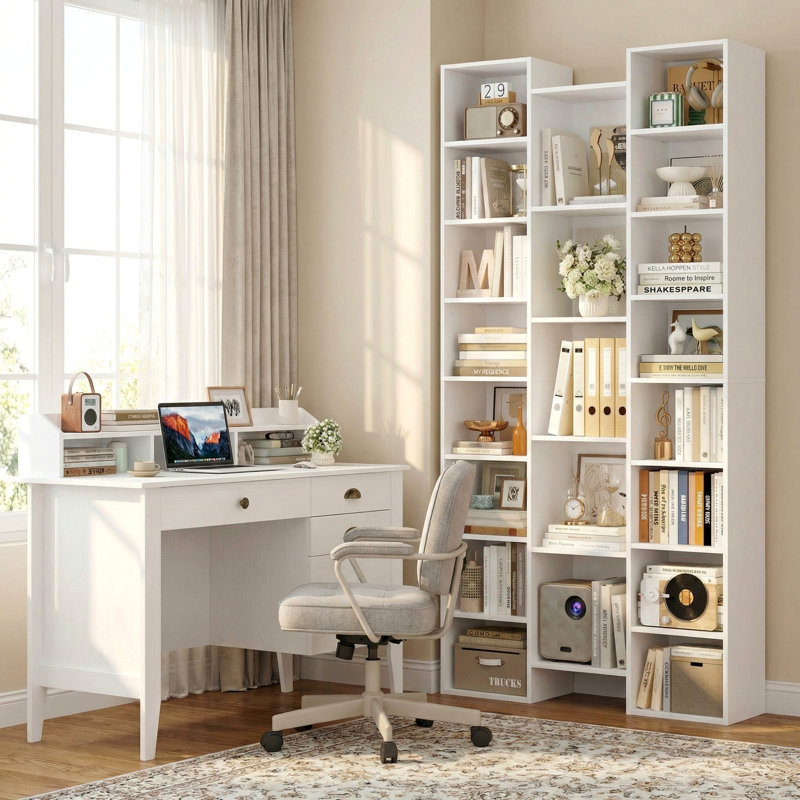 Ensemble de bureau et bibliothèque - Bureau d'ordinateur industriel moderne avec rangement + bibliothèque réglable à 8 niveaux