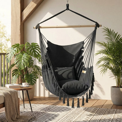 Hammock Chair Hanging Rope Swing, Max 500 Lbs, 2 Cushions Included, Large Macrame Hanging Chair With Pocket, Cotton Weave For  Comfort, Durability (Dark Grey)
