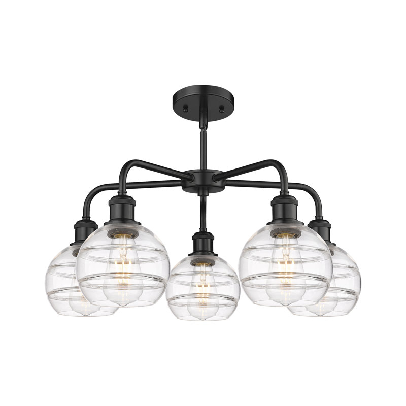 Lustre rond / ovale à abat-jour 5 lumières, Transparent, H 13,38 po x l 23,88 po x P 23,88 po, Noir mat