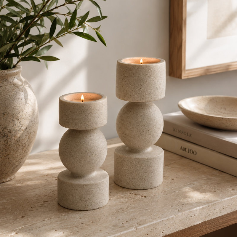 9.8'' H Stone Floor Pillar with Candle Included