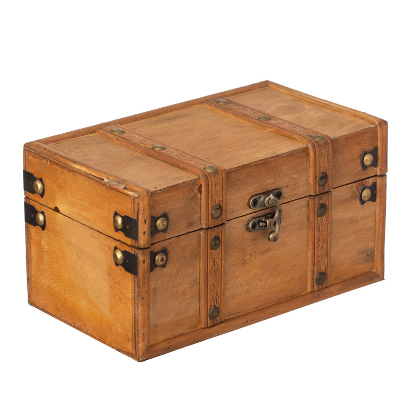  Farmhouse Antique-style Wood Treasure Chest With Leather Straps & Front Latch Decorative Storage Trunk For Trinkets Jewelry Or Letters Rustic Accent For Home Or Office Decor, Small