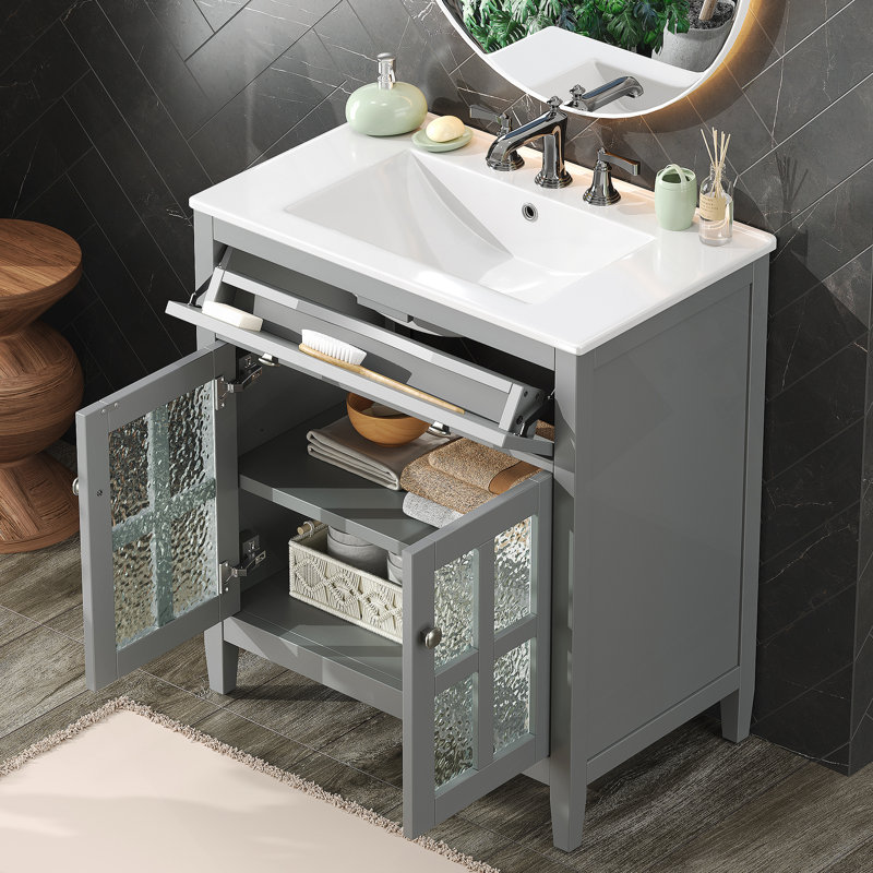 Meuble-lavabo avec lavabo en céramique, tablette réglable, plateau basculant, pieds en bois massif et charnières à fermeture en douceur pour des salles de bain fonctionnelles et élégantes
