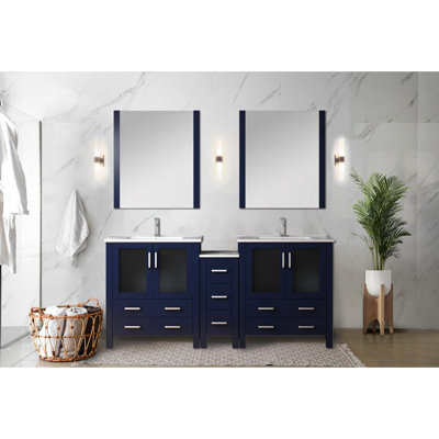 72 po Meuble-lavabo double de couleur bleu marine W, armoires latérales, comptoir en céramique blanche, 28 miroirs, fermeture en douceur, grand tiroir spacieux - sept