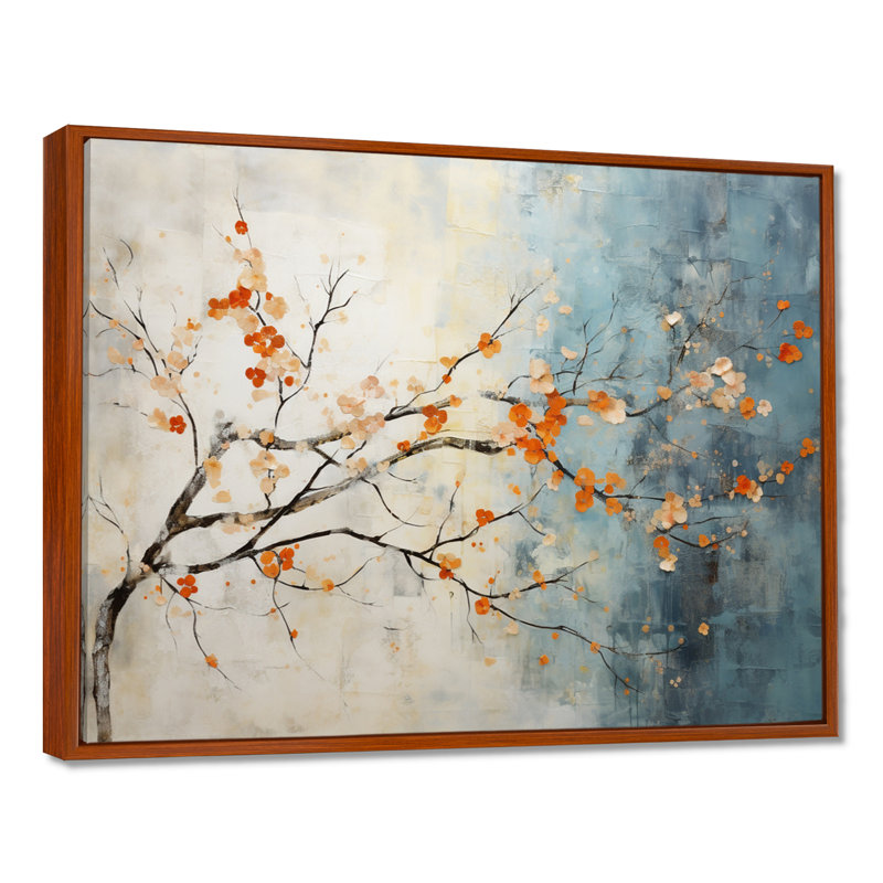Orange, bleu sarcelle, érable, incandescent V - art mural érable, H 34 po x l 44 po x P 1,5 po, Brown Floater Framed