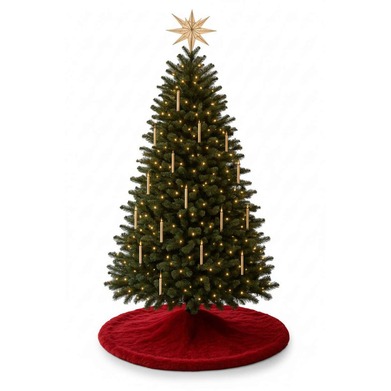 Tapis d'arbre de Noël de luxe, 39,4 x 39,4 pouces, rouge festif, 100% polyester | Comprend 6 rubans décoratifs | Lavable à la machine à 68 ° F | Parfait pour les décorations des Fêtes et les réunions de famille, conception douce et durable
