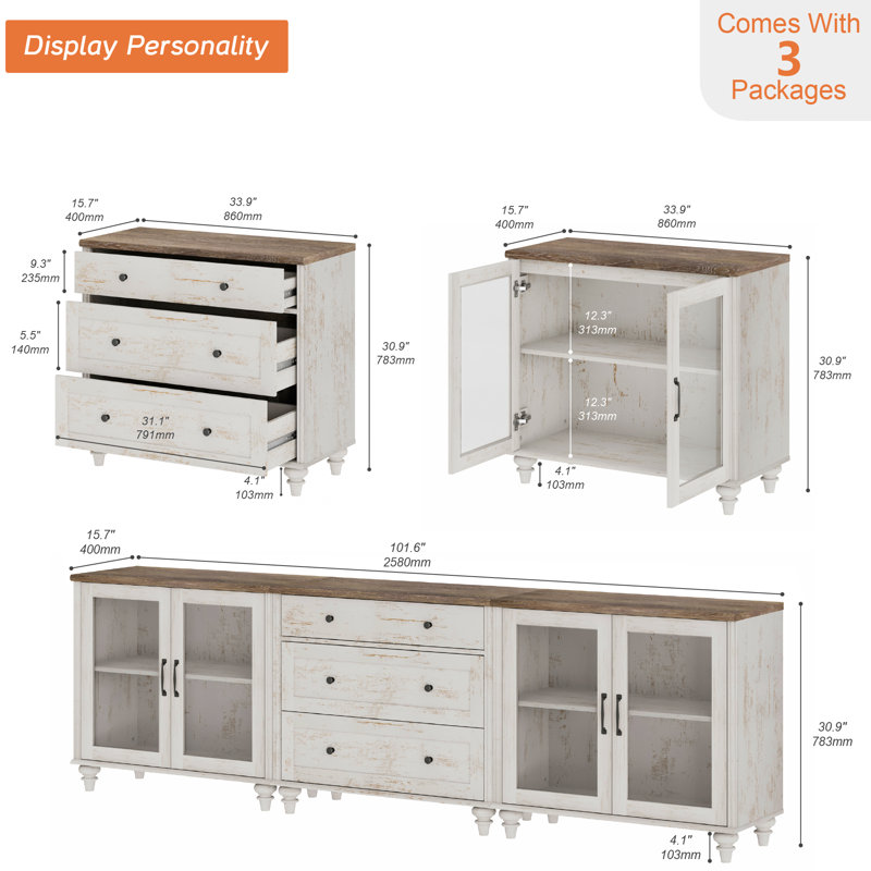 Buffet 101,6 po Scarlett, Blanc rustique / brun