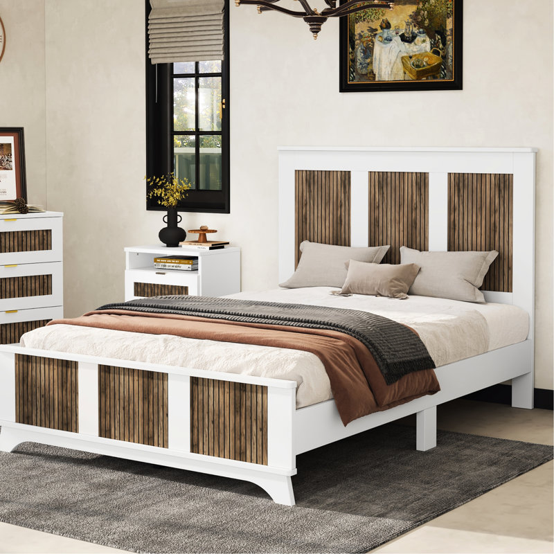 Lit plateforme en bois blanc, lit double, support de lattes en contreplaqué, capacité de charge maximale de 600 lb, blanc, pour et charmante bande décorative