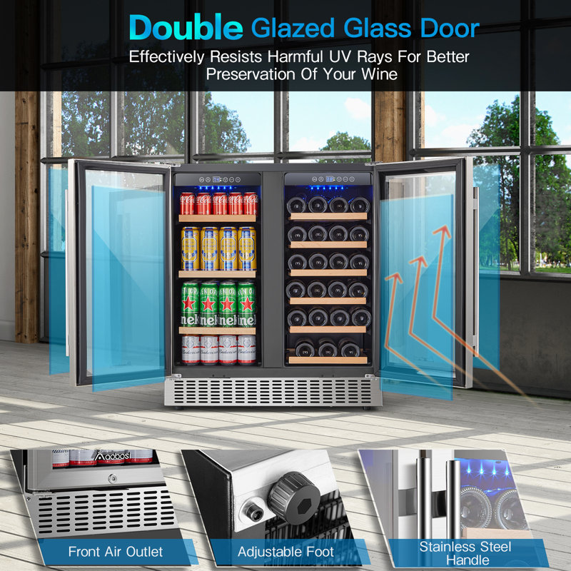 30 Inch Built-In or Freestanding Wine & Beverage Cooler, Dual Zone Refrigerator with LED Lighting, Holds 28 Bottles and 80 Cans