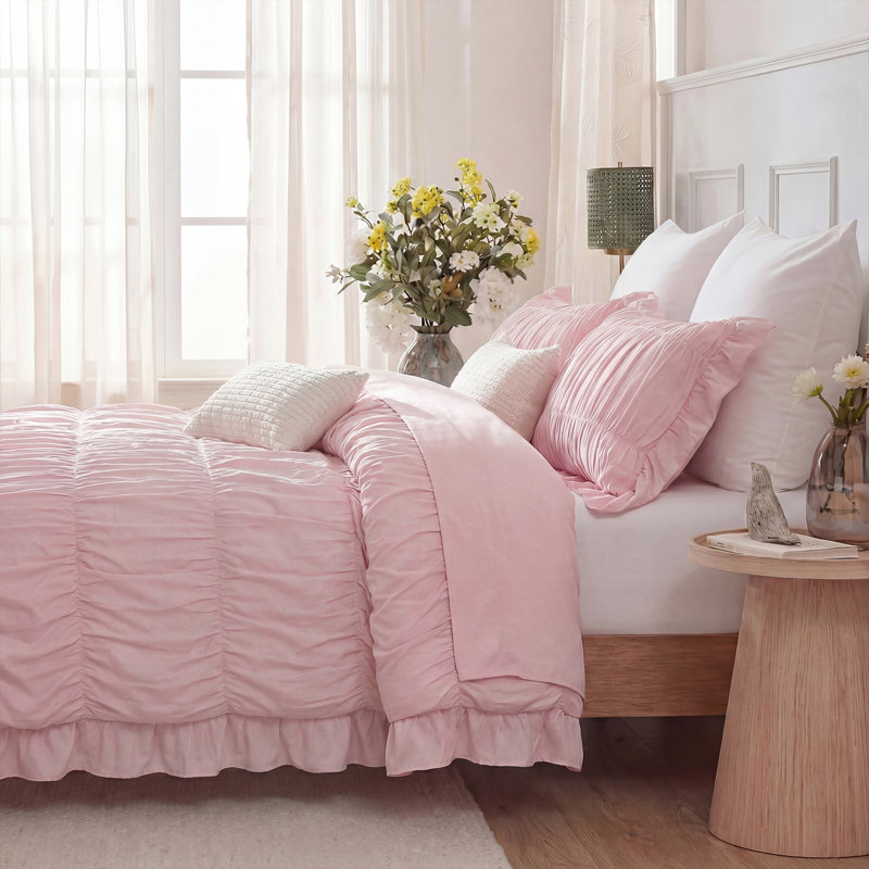 Pink Ruffle Duvet Cover Set Queen Size,Ruched Boho Bedding 3 Pieces Luxury Wrinkle Ruffle Comforter Cover Set,Breathable and Soft Microfiber Quilt Cover Set for All Seasons