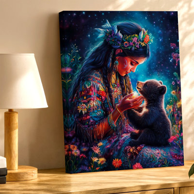 Native Woman Bear Cub Floral Starry Night Fantasy Canvas Wall Art Print for living room, bedroom, office, hallway, entryway, gallery wall and modern home decor, decorative accent