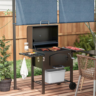 Portable Charcoal Bbq Grill By , With 164 Sq.Inch Warming Space, Adjustable Height, Folding Shelves, Thermometer, Bottle Opener & Wheels, Black For Camping, Picnic,