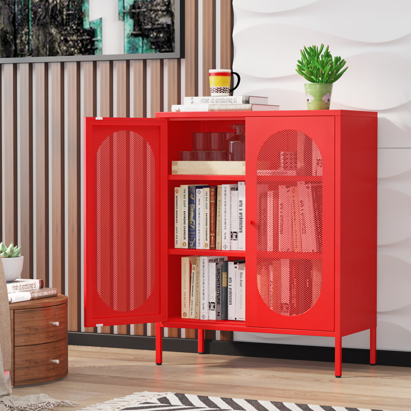 Armoire de rangement décorative en métal à 3 niveaux pour la maison, le salon, le bureau, la cuisine, le vestibule, le vestibule-Buffet avec 2 tablettes réglables et 2 armoires-vestiaires en filet (rouge)