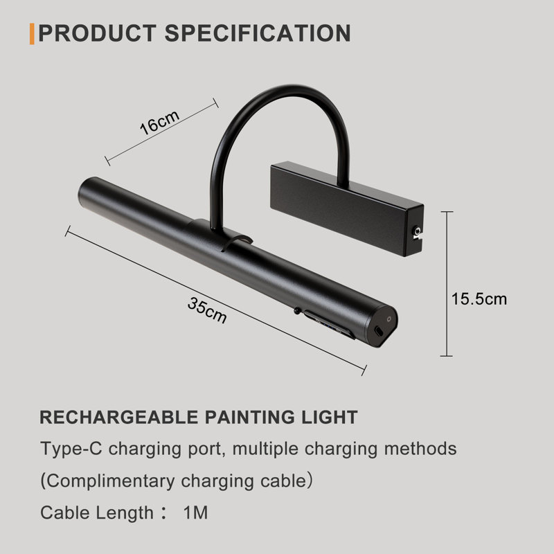Wireless Picture Light, Rechargeable Battery Wall Lamp With Remote, Matte Black