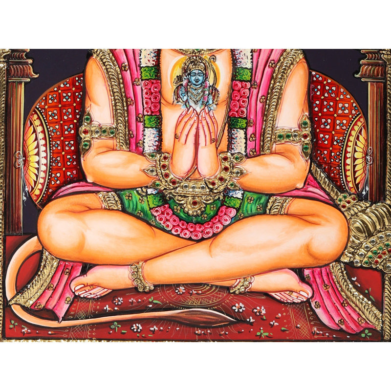 Lord Hanuman à Namaste Mudra | Peinture de Tanjore avec cadre en bois