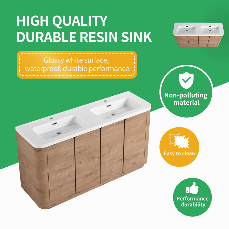 Ensemble meuble-lavabo double autoportant de 60 pouces avec lavabo en résine et tablettes ajustables