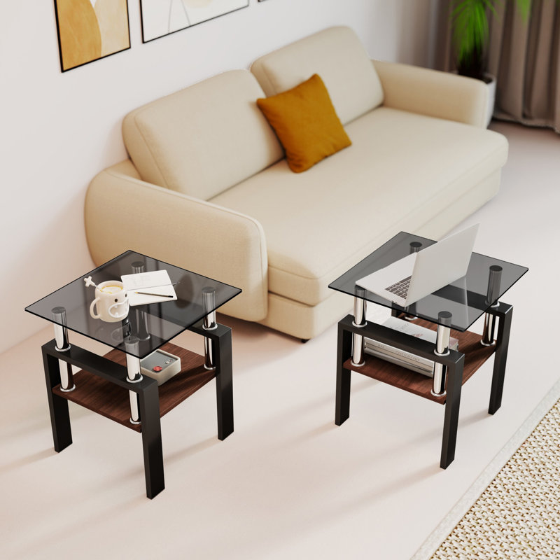 Ensemble de 2 tables de bout avec plateau en verre trempé noir moderne et pieds noirs, Noir, Noir