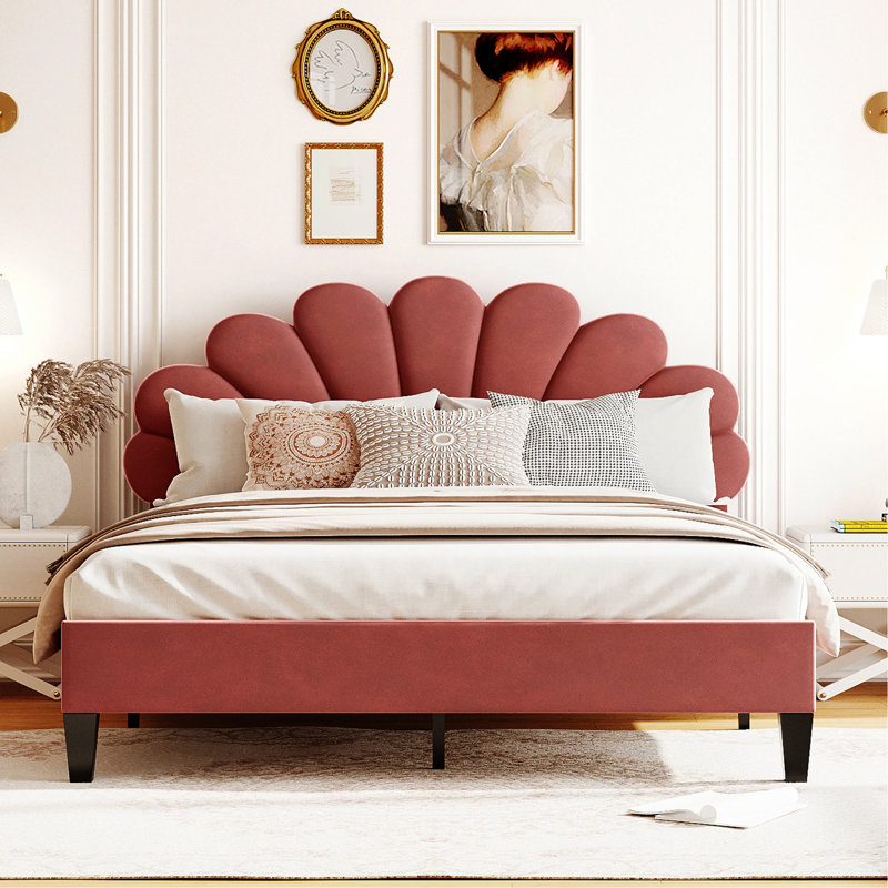 Lit tapissier attrayant de grande taille avec tête de lit en velours et tête de lit rouge, Gris, Grand lit