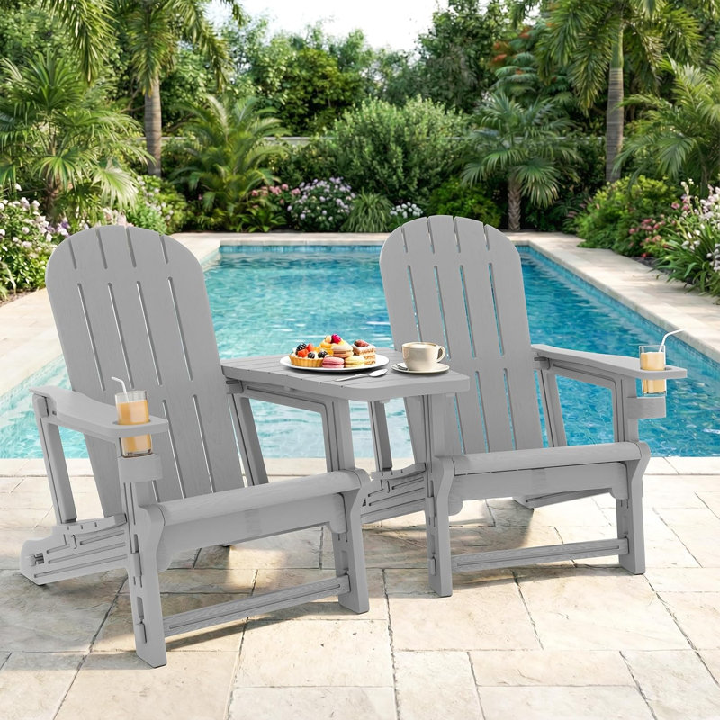 Adirondack Chair Set Of 2,HDPE Adirondack Chairs W/Removable Tablelop & Umbrella Hole,All-Weather Wooden Textured Plastic Outdoor Chairs W/Cup Holders For Garden Backyard Pool,Light Gray