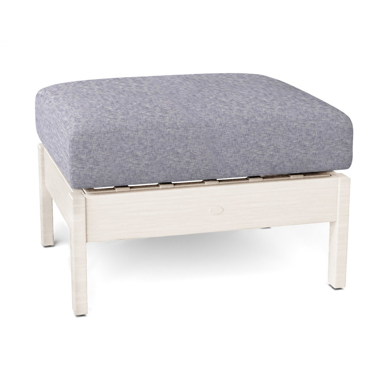 Kennebunkport Outdoor Ottoman with Cushion, No Welt, Chalk, Indigo Velvet