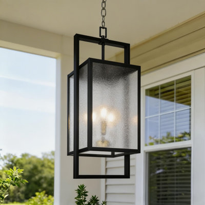 Lanterne suspendue d'extérieur 3 lumières H 22,8 po avec verre ondulé noir