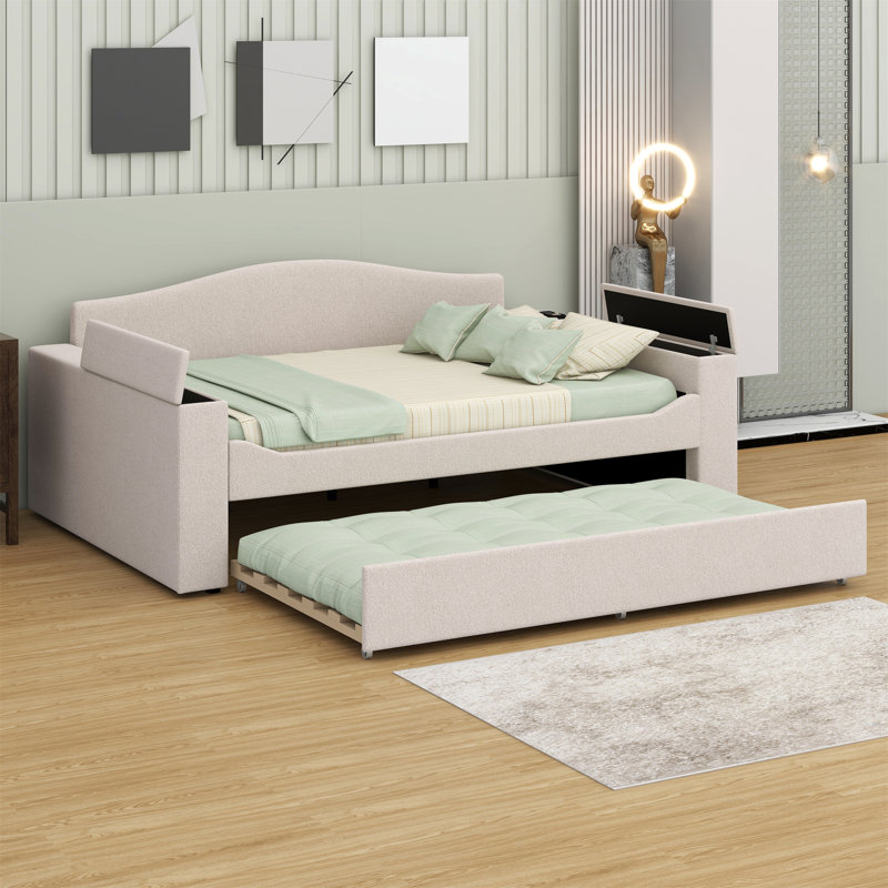 Lit de jour rembourré avec accoudoirs de rangement, lit gigogne et dernier système audio Bluetooth intégré, Beige
