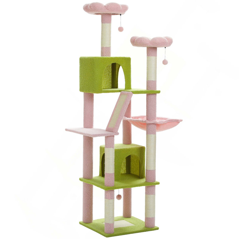 Grande tour de chat pour chats d'intérieur multi-niveaux en peluche avec 6 poteaux à griffer 2 planches 2 perchoirs 2 grottes hamac 2 pompons