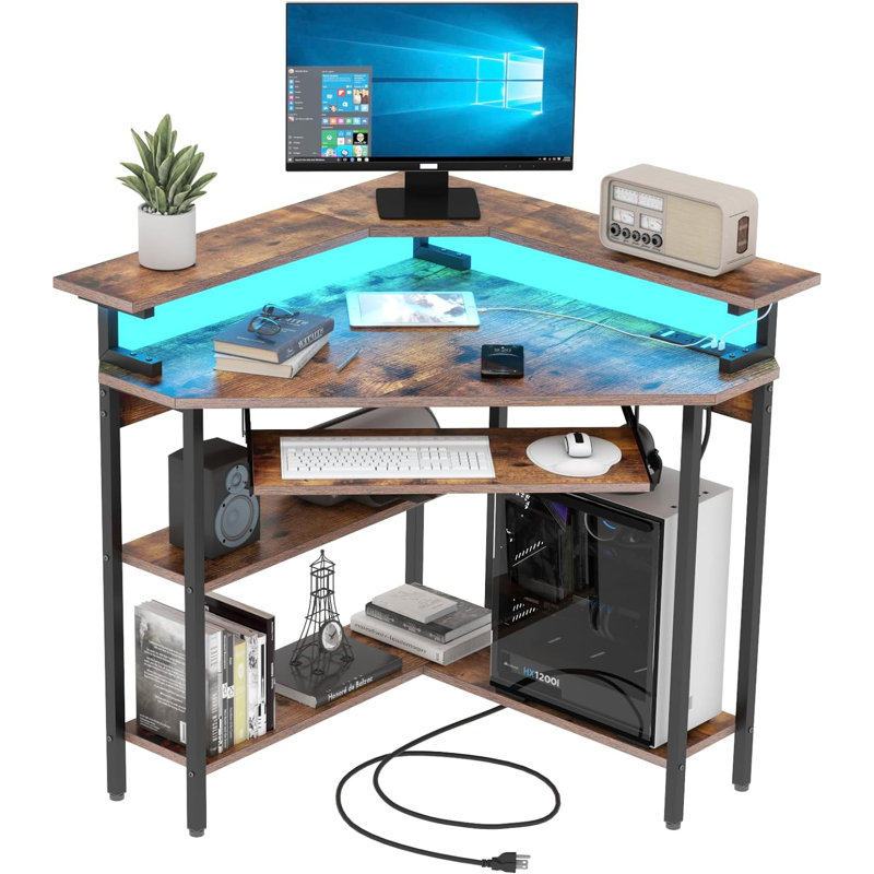 Fitnat Corner Desk with Power Outlet, LED Triangle Corner Desk with Storage for Small Space, Brown/Black