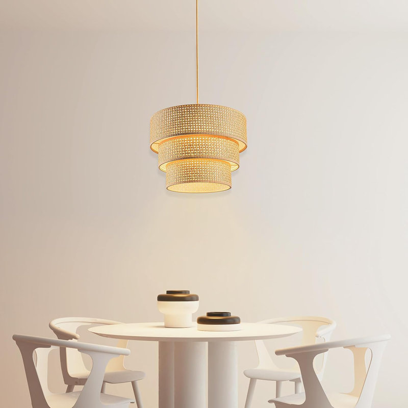 Abat-jour tambour en rotin à 3 niveaux pour luminaires suspendus, de plancher et de plafond (kaki)