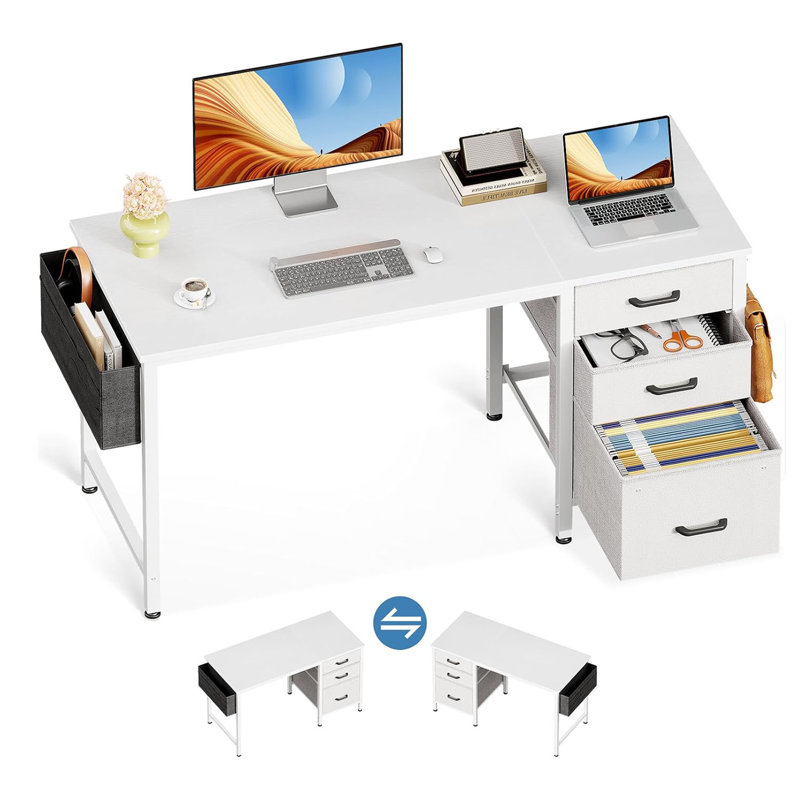 Small Computer Home Office Desk For Bedroom With Fabric Drawers & File Cabinet, Cloth Storage Bag And Hook, Writing Study Work Table For Small Space