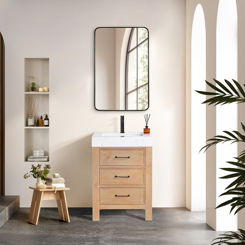 Leon 24 " W Freestanding Standard 1 Single Vanity Bathroom Vanity With Top, White, Fir Wood Brown, Matte Black