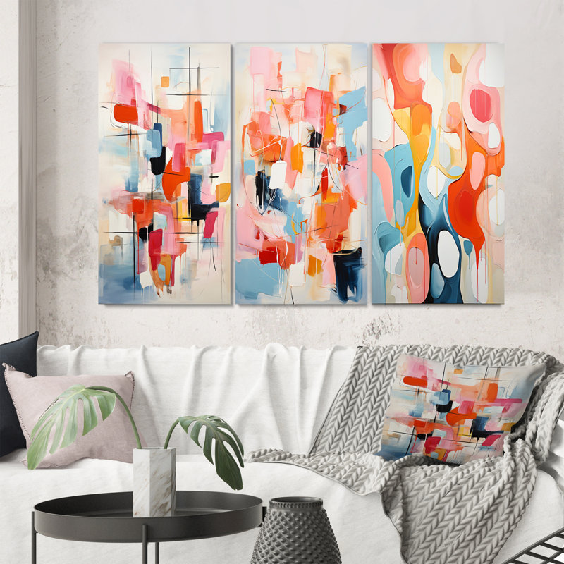 " Pink Beige Mid Century Atomic Abstraction " 3 - Pieces, Wrapped Canvas, 20" H x 36" W