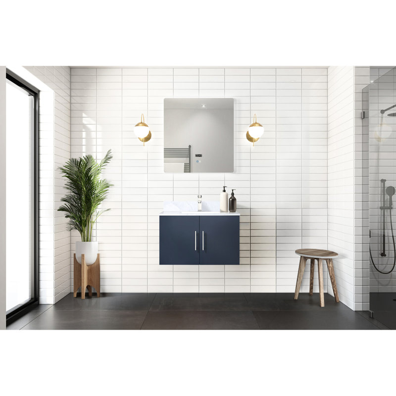 Bleu marine 30 po Meuble-lavabo X 22, surface en marbre, robinet inclus, miroir à DEL - meuble-lavabo avec plateau résistant aux égratignures et aux taches