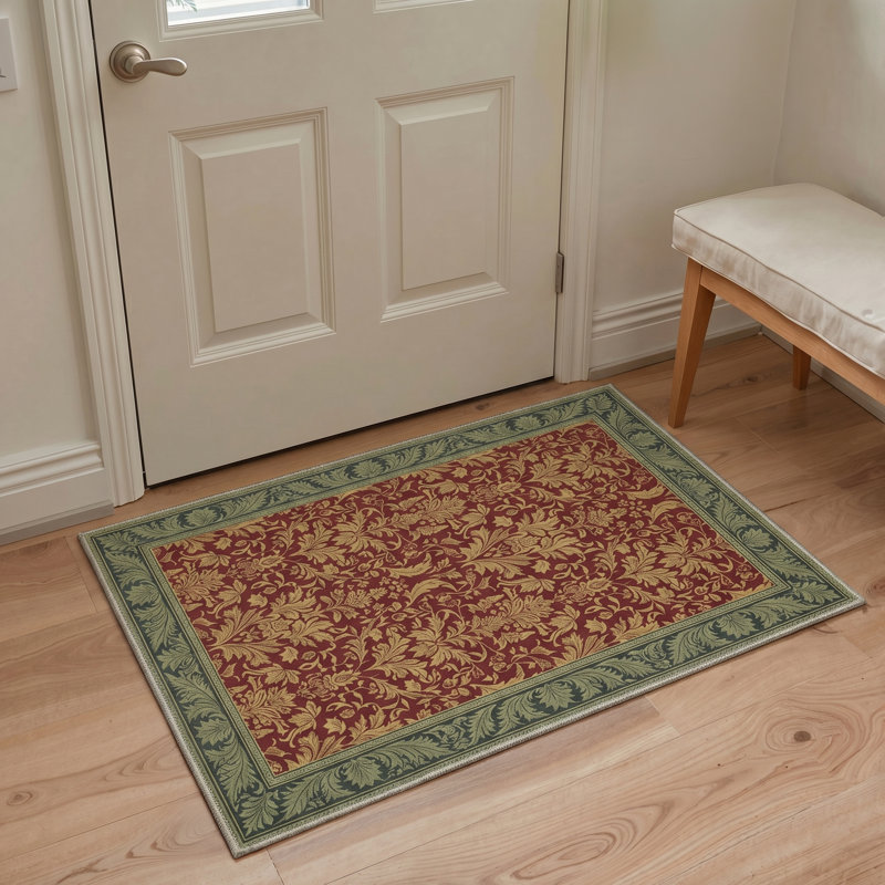 Foliage Floral Machine Washable Green / Red / Yellow Indoor Area Rug with Non-Slip Backing, Rectangle 9' x 12'