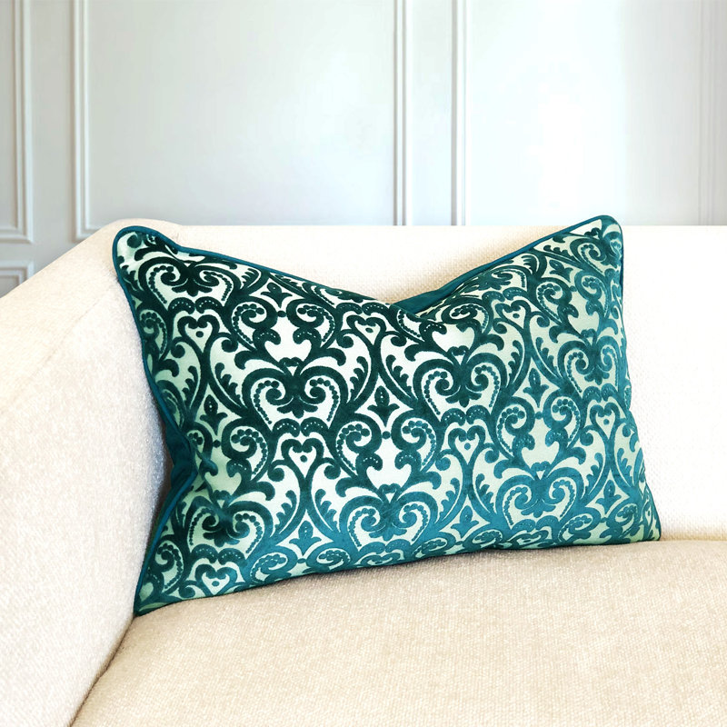 Rectangular Damask Feather Reversible Throw Pillow, Turquoise
