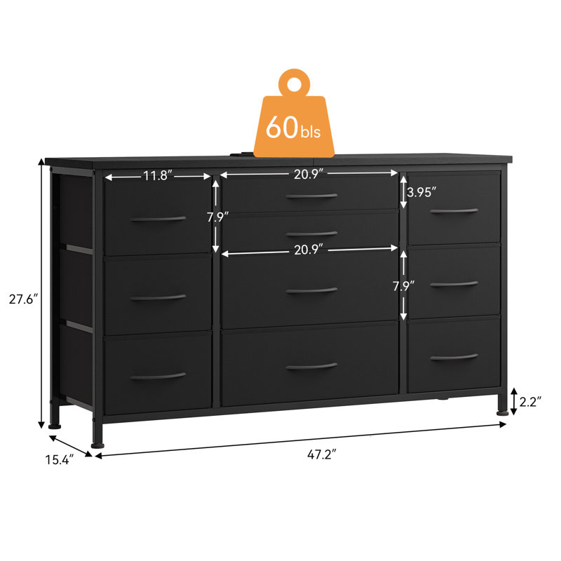 Commode 10 tiroirs avec prise de courant, Noir pur