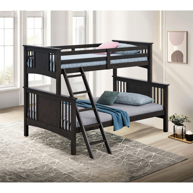 Lit superposé simple au-dessus d'un lit double moderne avec esprit transitionnel, bois massif et système de jonction avec caractéristiques, mélange de couleurs et structure d'insertion