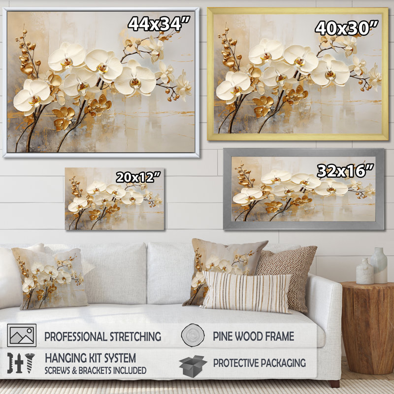 Minimalisme beige et orchidées dorées - impressions sur toile orchidées, H 34 po x l 44 po, Reproduction avec cadre flottant