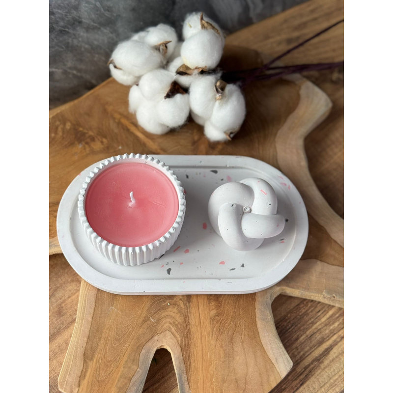 Ensemble de bougies élégantes en béton (3 pièces), rose et blanc, bougie: 3,1 x 3,1 x 1,6 pouces | Objet: 1,6 x 1,6 x 1,2 pouces | Assiette: 7,1 x 3,5 x 0,8 pouces | 100% béton durable, parfait pour la décoration intérieure et la détente