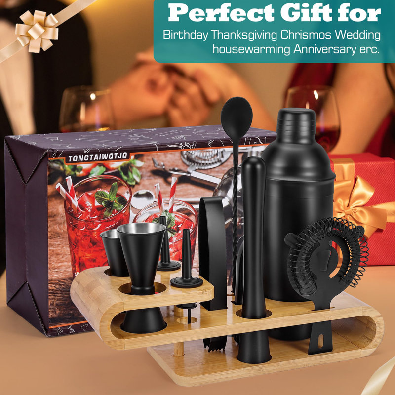 Black Stainless Steel 12-Piece Cocktail Shaker Set with Bamboo Stand