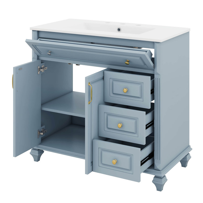 Ensemble de meuble-lavabo sur pied 36 po avec lavabo 36 po, 3 tiroirs et 2 portes, Bleu gris