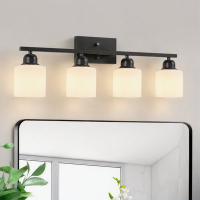 Applique murale moderne à 4 lumières pour salle de bain noir mat avec abat-jour en verre opale