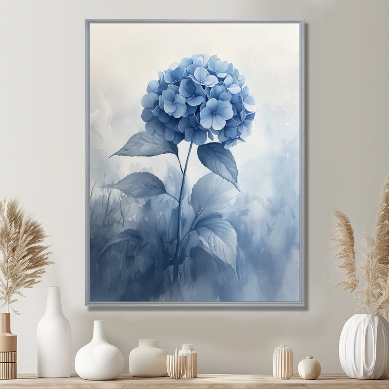 «Blue Hydrangeas In The Mist Dream II», art mural hydrangées, Argent argent, Impression encadrée flottante, H 20 po x l 12 po