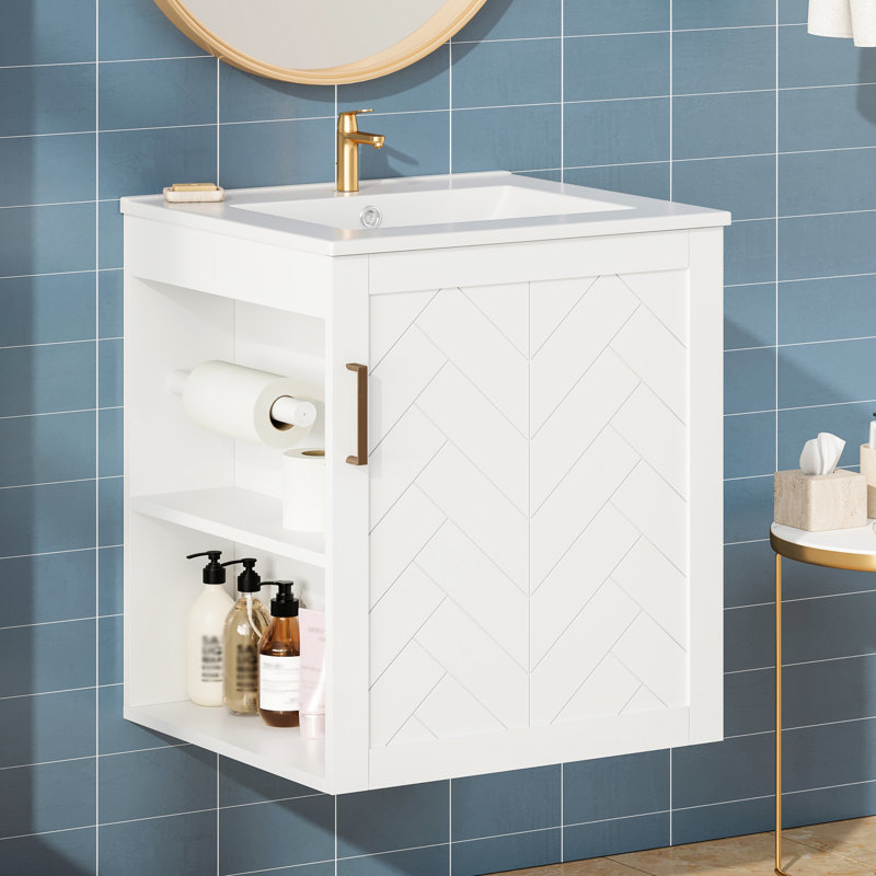 Meuble-lavabo mural, lavabo, armoire de 50 cm, fines rayures sculptées, tablette latérale ouverte, articles de toilette, armoire de rangement fermée de 76 cm, lavabo rectangulaire en céramique, aspect flottant pour créer un espace aéré.