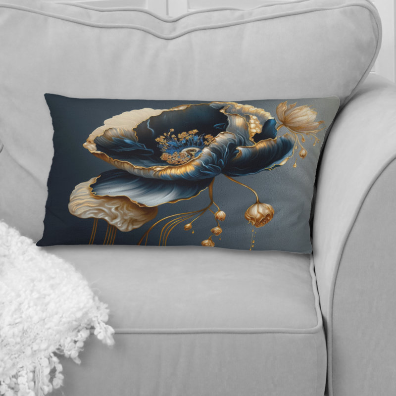Coussin à imprimé floral bleu foncé et doré I, H 12 po x l 20 po, Rectangulaire
