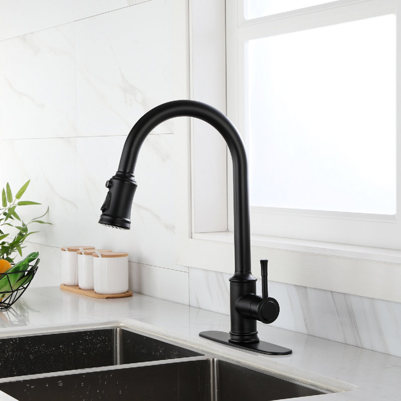 Robinet de cuisine noir mat mat avec tête de pulvérisation rétractable, conception à un levier pour un réglage simple de l'eau, bec haut rotatif à 360 °, surface rouillée, robinet à bec vers le bas en acier inoxydable, fonction rapide