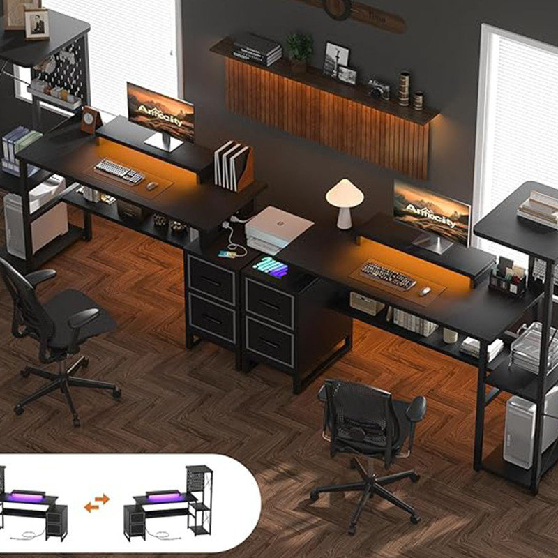 Computer Desk with 2 Fabric Drawers - Reversible Home Office Desk with Power Outlet & LED Lights, Gaming Desk Study Table with Pegboard, Black