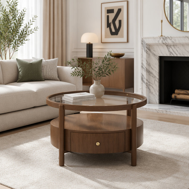 Solid Wood Round Glass Top Coffee Table with Storage Drawer